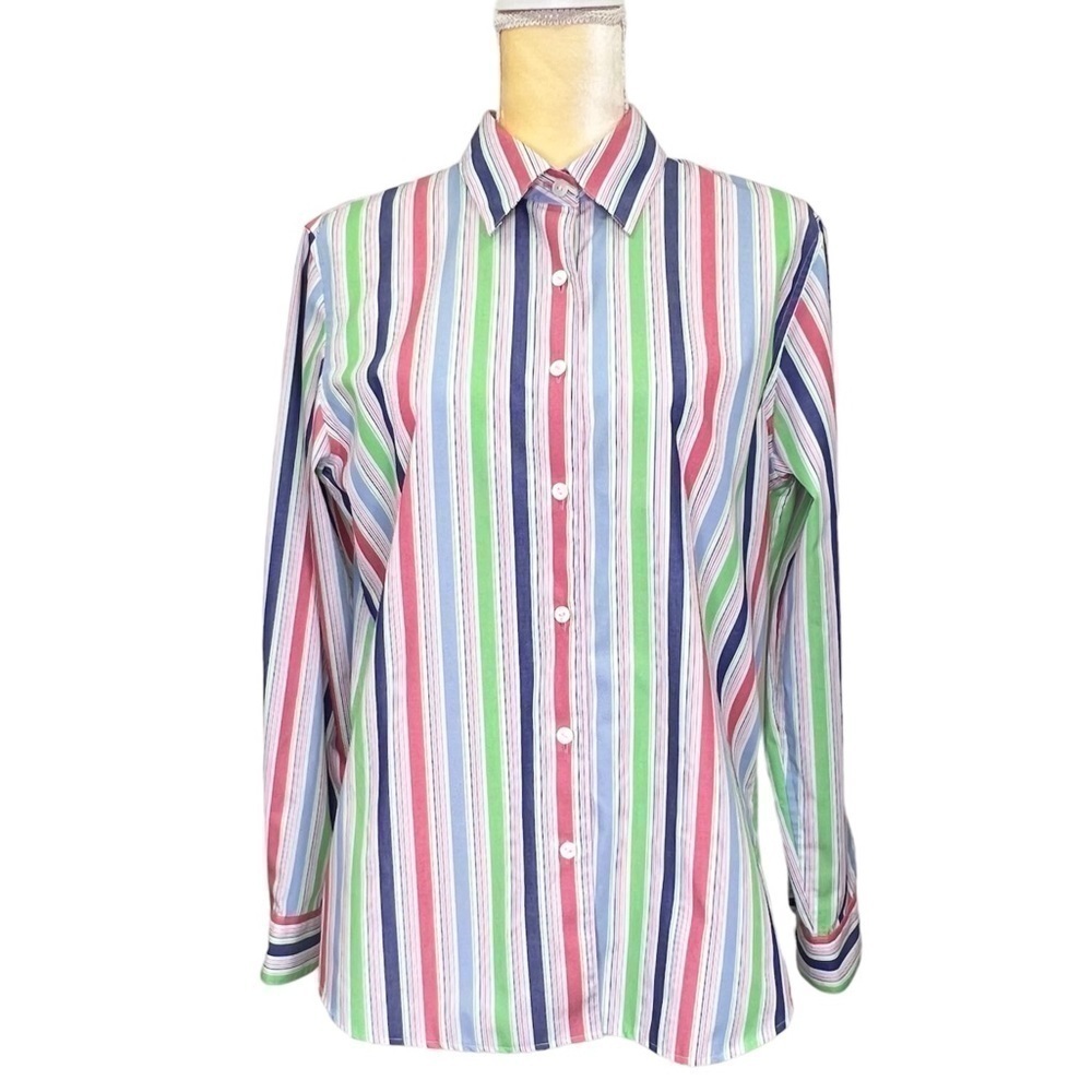 Orvis Button Down Striped Shirt Size 10 Cotton Blend White Blue Pink Green EUC
